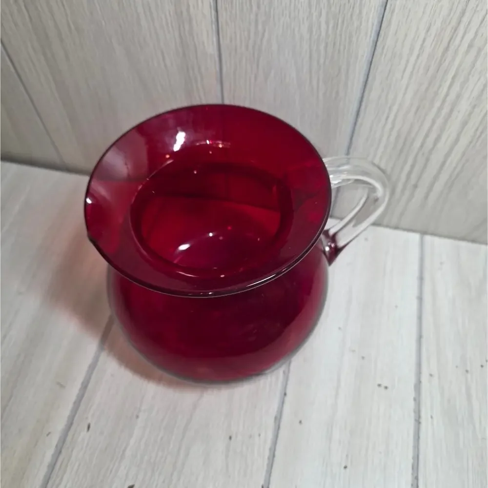 Vtg Hand-Blown Ruby Red Pitcher With Clear Handle Victorian 7